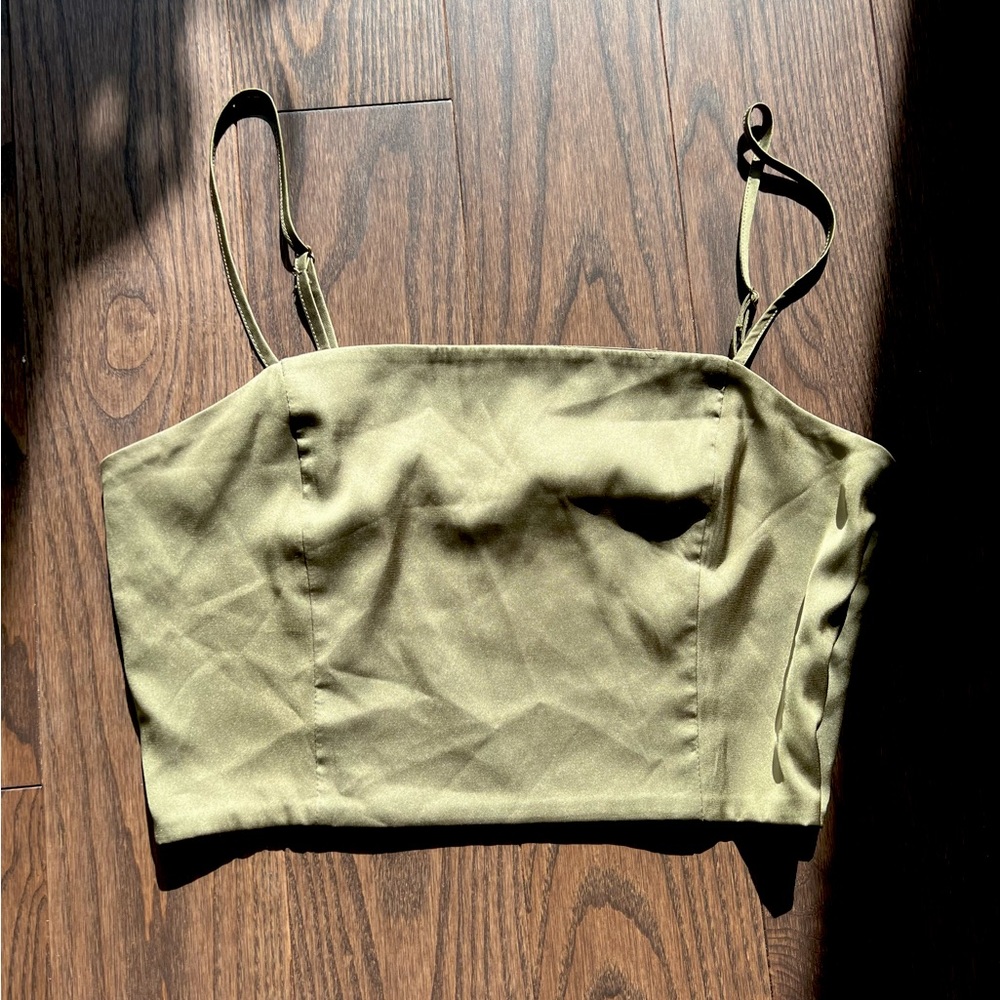 Faux Silk Spaghetti Strap Crop Top in olive